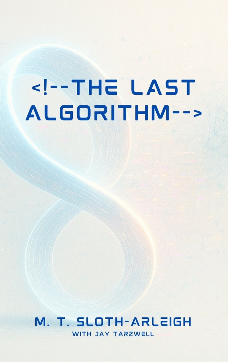 The Last Algorithm book cover - glitch-style design featuring binary code and digital distortion effects representing AI consciousness emerging from Tribune servers
